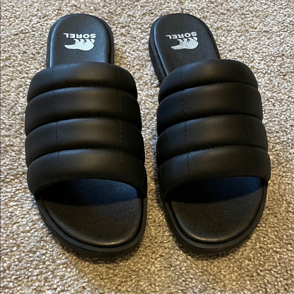 Sorel Black Quilted Slide Sandals